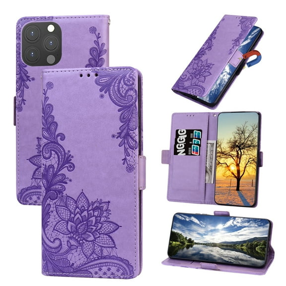 TECH CIRCLE For iPhone 14 Pro 6.1 inch 2022 Case,Luxury 360 Protection PU Leather Embossed Pattern Flip Wallet Card Slots Stand Magnetic Shockproof with Wrist Strap Cover.For iPhone 14 Pro,Purple