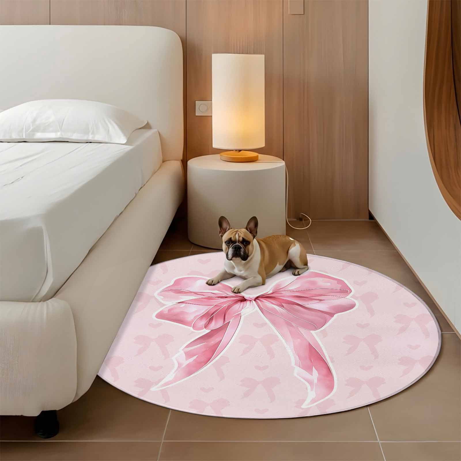 Pink Bow Round Area Rug 7Ft Washable Circle Rugs for Dorm Laundry Room, Cute Watercolor Girls Cartoon Luxury Non-Slip Carpet Floor Mats Indoor Outdoor Carpet Runner Aesthetic Home Decor