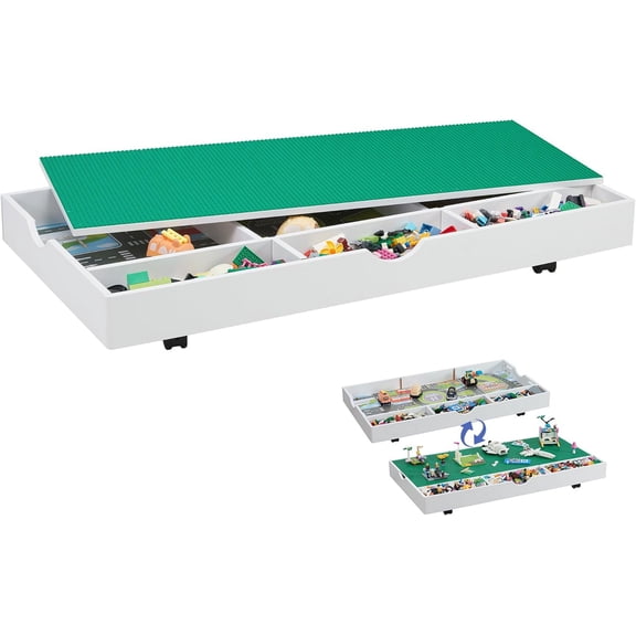 2 in 1 Construction Play Table Compatible with Lego, Game Table with Block Board and Train Car, Rolling Game Table with Locking Wheels and Storage Space, Suitable for Storing Under Bed or Sofa (White)