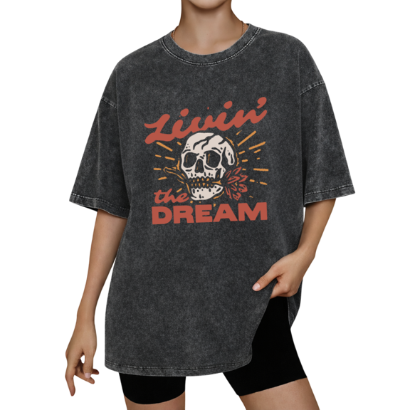 Vintage Livin' The Dream Skull Western Wash Print Tshirt S-2XL Acid Washed Black Graphic Tees Casual Shirts for Skeleton Lover Tops