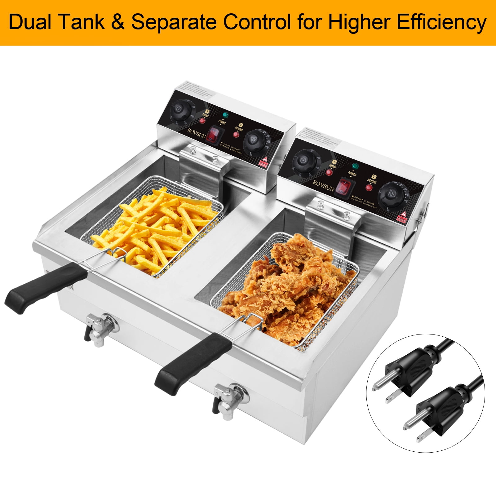 ROVSUN 15qt 3400W 2-Basket Commercial Electric Deep Fryer, Stainless Steel