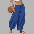 thumbnail image 2 of WMTBSRSW Womens Linen Wide Leg Boho Palazzo Pants Casual Loose Elastic Waist Baggy Trousers Summer Beach Vacation Clothes with Pockets Medium Blue, 2 of 6