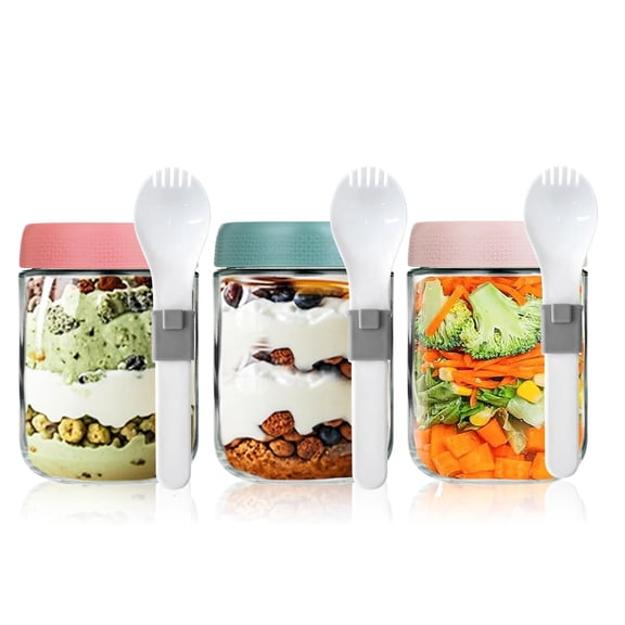 Overnight Oatmeal Glass Jars with Airtight Lid and Spoon, Wide Mouth Salad Jars, Food Storage Containers for Yogurt, Snacks, Meal Prep, Sauce