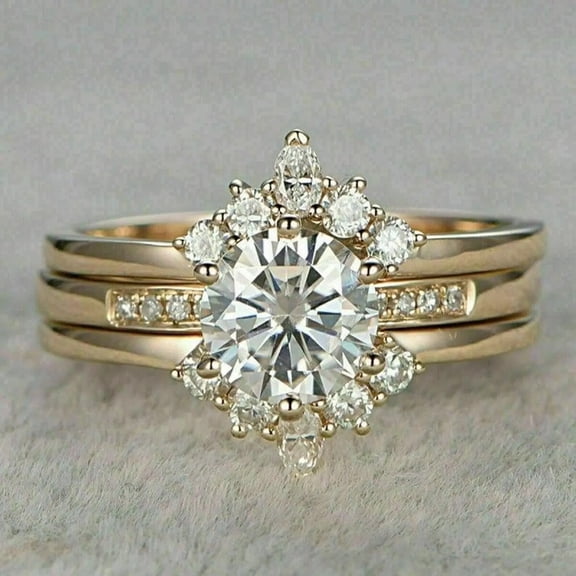 Hitanshu Jewels 2.50Ct Round Moissanite Prong Engagement Trio Set Ring 14k Yellow Gold Plated