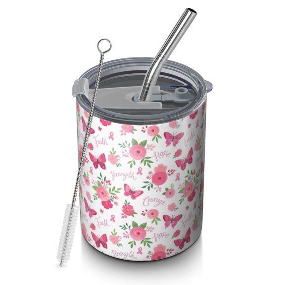 12oz Coffee Tumblers White Pink Butterfly Flower Pattern Stainless Steel Vacuum Insulated Travel Tumbler Coffee Cups Mug with Lid and Straw with Cleaning Brush for Cold & Hot Drinks