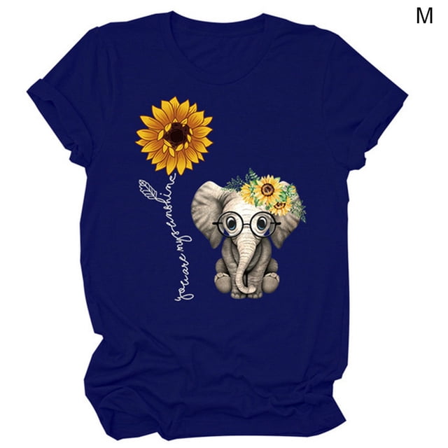 Camiseta De Mujer Blusa De Cuello Redondo De Manga Corta Con Estampado De Girasol, Azul Marino, M tholdsy AP001988-18