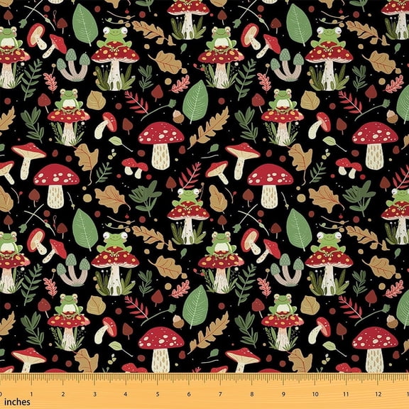 Feelyou Red Cartoon Mushroom Fabric by the Yard 1 Yard for Kid, Kawaii Frog Prince Home Decor Fabric by the Yard, Jungle Animal Sewing Fabric, Super Cozy Room Decor
