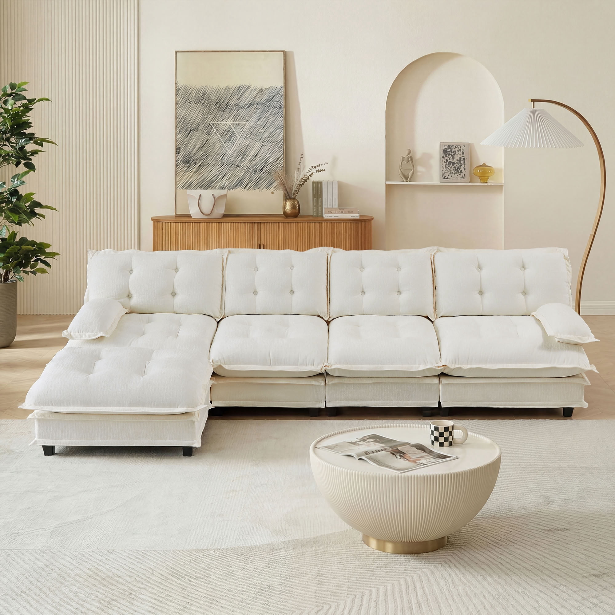 MAYEERTY 138 Inch L-Shaped Sectional Sofa with Ottoman, 4-Seater Deep Seat Modular Couch for Living Room Bedroom Apartment