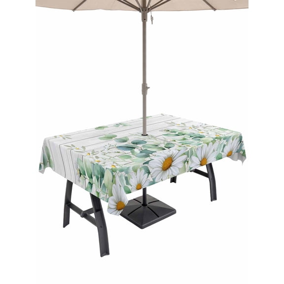 Outdoor Tablecloth with Umbrella Hole and Zipper, Green Eucalyptus Leaves Rectangle Table Cloth 60x84 Inch Waterproof Tablecloth, Daisy Summer Botanical Wooden Picnic Table Cover for Patio Camping