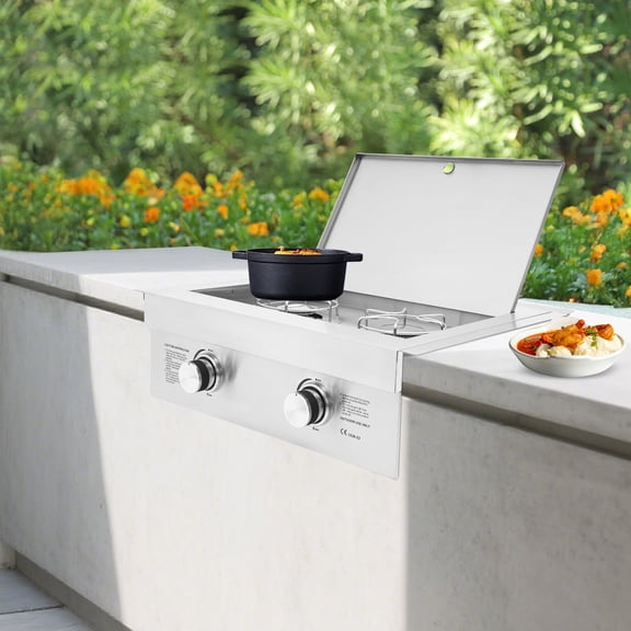 ToppiJoy 3500W Liquid Propane Side 2 Burner, 304 Stainless Steel Grilling Side Burners for Outdoor Kitchen, Drop-in Side Burner with Cover