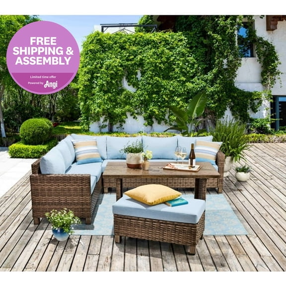 Better Homes & Gardens Brookbury 4-Piece Outdoor Wicker Patio Sectional Dining Set, Blue Cushions