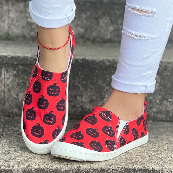 KEVCHE Pumpkin Canvas Loafers for Women, Cute Spooky Lightweight Platform Slip On Walking Shoes with Soft Sole, Comfortable Penny Flats for Casual Daily Wear, Halloween Themed Sneakers