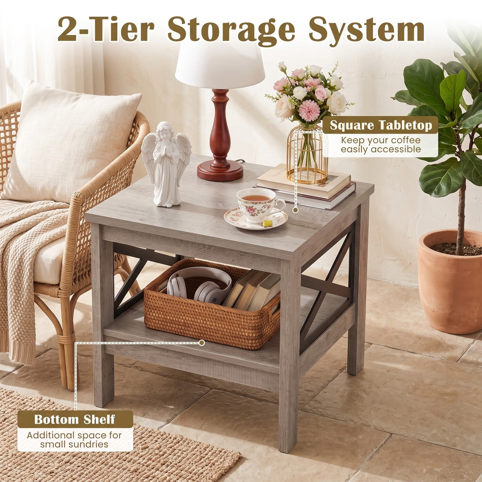Furnibear 2-Tier Square Side End Table with Storage Shelf and X-Frame, Farmhouse Wood Accent Nightstand Sofa Table for Living Room Bedroom, 220 lbs Capacity, Rustic Oak