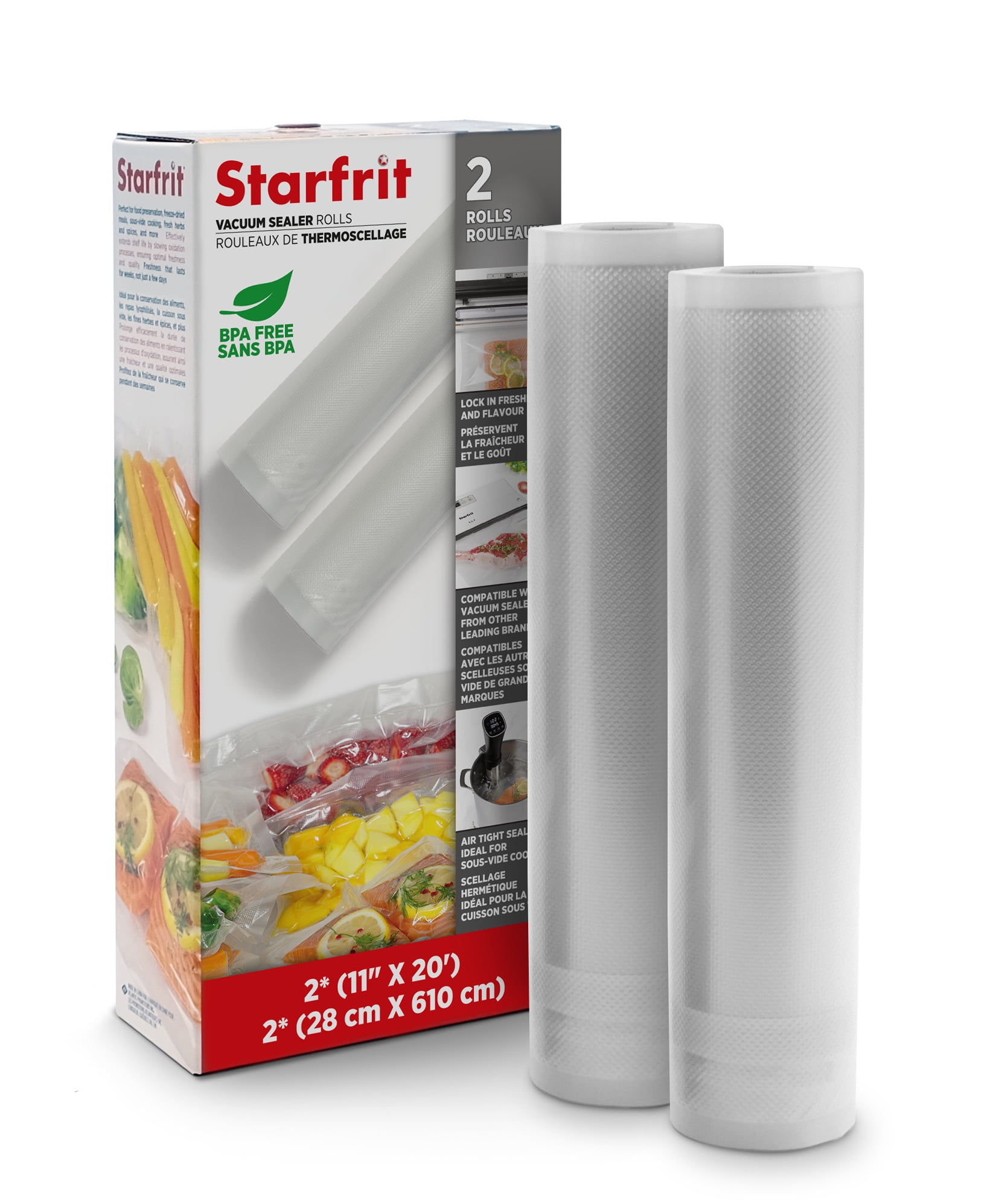 Starfrit Vacuum Sealer Rolls, 2 Rolls 11"x20" (28cm x 610cm), BPA Free, Airtight Seal for Food Preservation, Sous Vide Cooking, Compatible with Most Vacuum Sealers