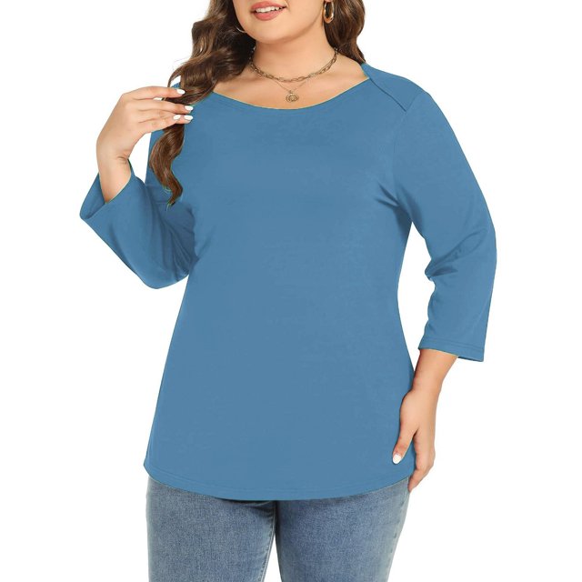 YFELWZ Hauts pour Femmes Grande Taille Décontractés Col Rond Manches Trois Quarts T-Shirt Uni Maison Extérieur Bleu G