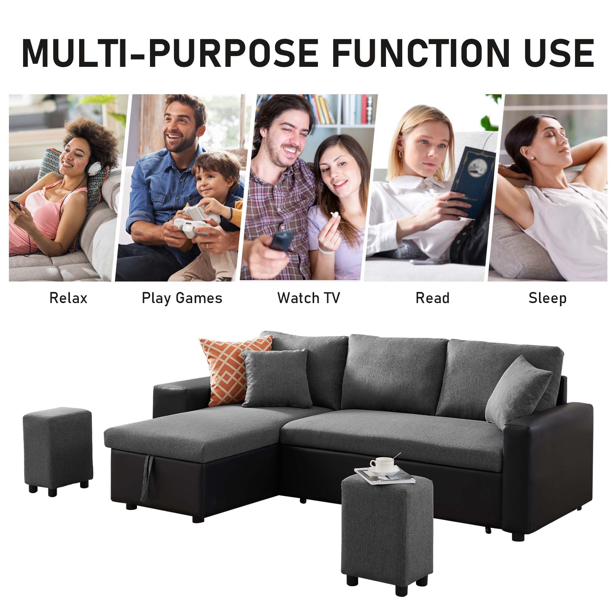 Aukfa 92.5" Reversible L-Shaped Sectional Sofa with Pull Out Sleeper Couch Bed, Storage Chaise and 2 Ottoman for Large Living Room - Dark Gray