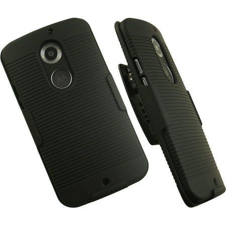 Case with Clip for Moto X 2nd Gen, Nakedcellphone Black Ribbed Hard Cover with [Rotating/Ratchet] Belt Hip Holster for Motorola Moto X 2nd Generation (2014) XT1092, XT1093, XT1095, XT1096, XT1097