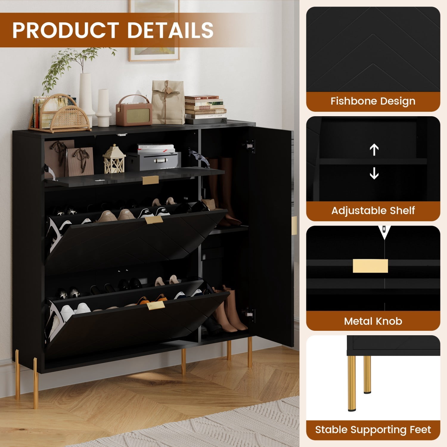 MDF Shoe Storage Cabinet with Flip Drawers & Adjustable Shelves, Modern Entryway Shoe Organizer Cabinet, Black