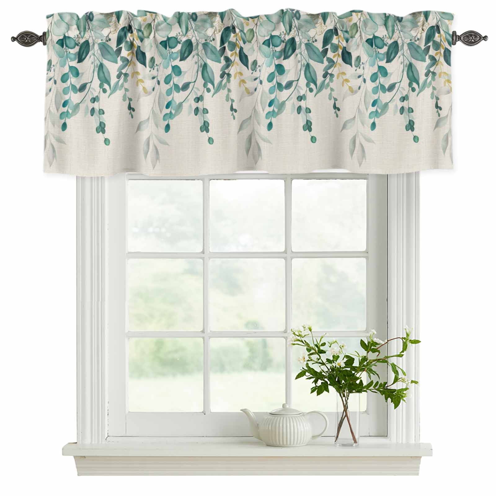 2 Pack Valances for Windows, Teal Green Eucalyptus Window Valances for Living Room/Bedroom/Bathroom, Farmhouse Weeping Leaves Linen Light Filtering Kitchen Curtain Valance 54"W x18" L