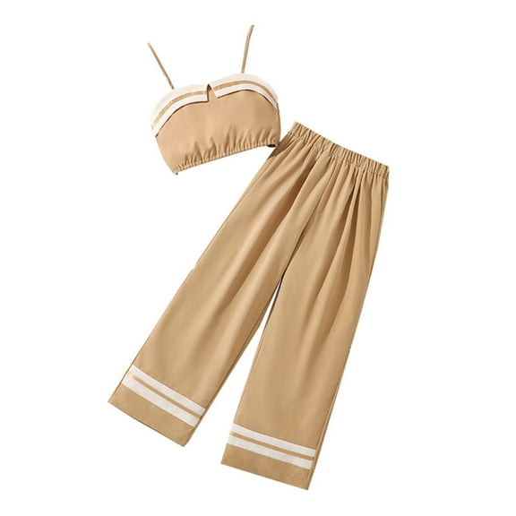 TOOYOU Girls Summer Outfit Sets Color Contrast High Waisted Wide Leg Pants Casual Suit Girls Casual Outfit Sets For School Size 7-8 Years Brown