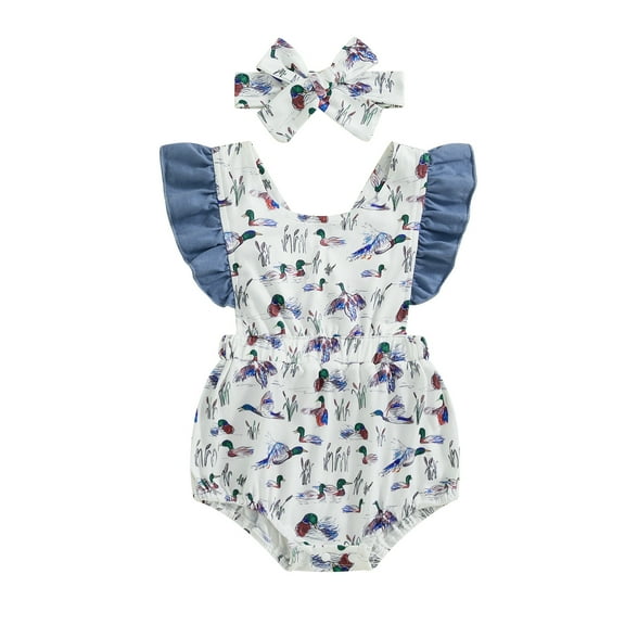 Musuos Newborn Girl Summer Jumpsuit 0-18Months Duck Print Ruffles Sleeve Romper and Headband Set Baby Cute Clothes Outfits