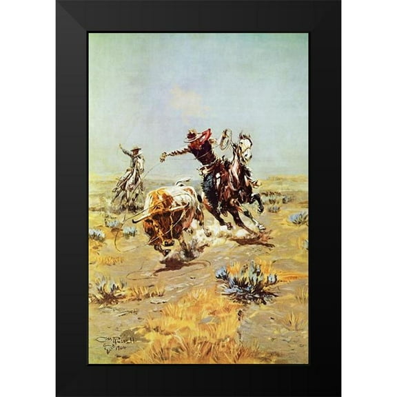Russell, Charles Marion 11x14 Black Modern Framed Museum Art Print Titled - Cowboy Roping a Steer