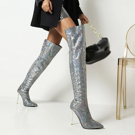 

Women Stilettos Zip Fashion Super High Heels Shoes In Style Shiny Nightclub Over-the-knee Boots
