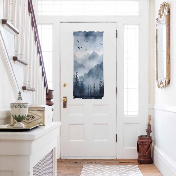 Blue Mountain Peak Door Curtains for Door Window, French Sidelight Front Back Door Curtains With Tieback, Forest Tree Bird Fog Landscape Kitchen Rod Pocket Drapes Panel, 25"x40"