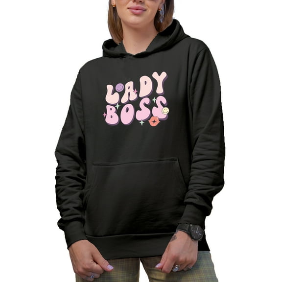 Lady Boss, Retro Groovy Wavy Text Art, Bosses Day Merch Gift, Black Hooded Sweatshirt or Hoodie, Small