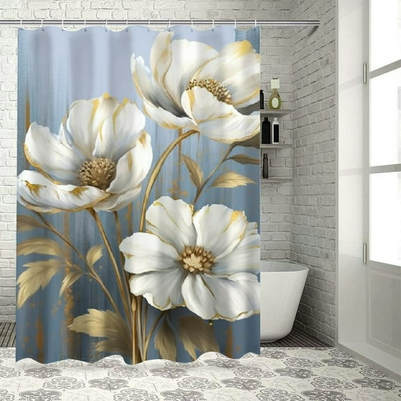 Pratyus White Flowers Blue Background Gold Accents Shower Curtain Waterproof Bath Curtain Set with Hooks 36"x72