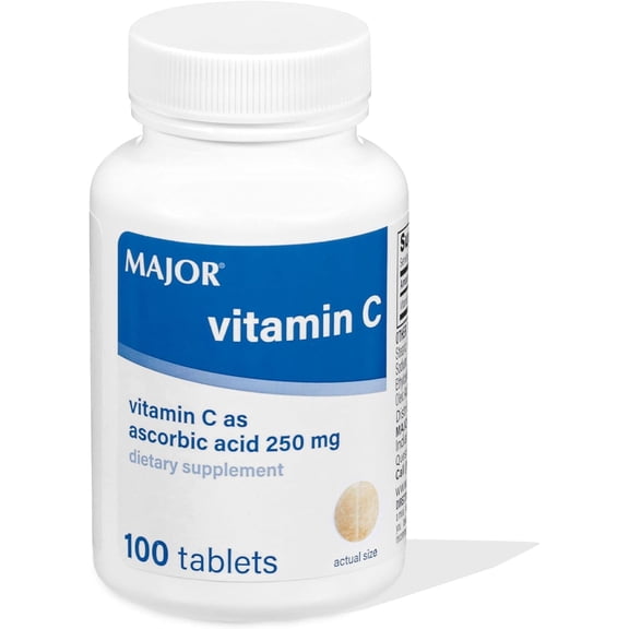 Major Vitamin-C Ascorbic Acid Dietary Supplement Tablets, White, 500 mg, 100 Count