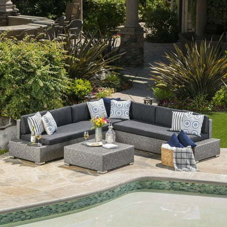 Noble House Cascada Outdoor 7 Seater Wicker V Shaped Sectional Sofa with Cushions, Mixed Black, Dark Grey