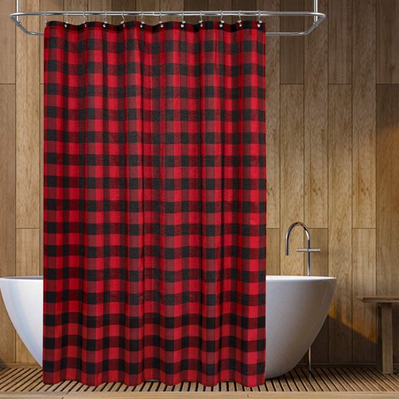 Rideau de Douche à Carreaux Buffalo : Texture Tissée en Mélange de Coton et Lavable en Machine, Style Rustique de Ferme, Noir et Rouge, 72x72 Pouces