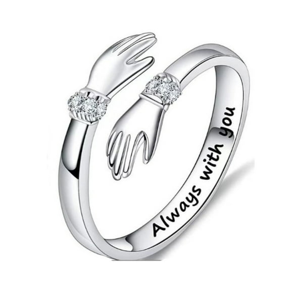 Silver Hug Rings Always With You Adjustable Hug Ring For Couple Hugging Letter Rhinestone Ring Xmas Gift