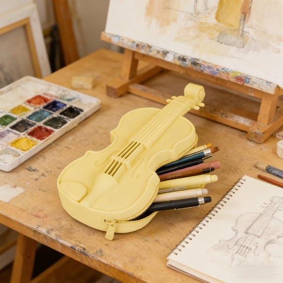 Weloille Silicone Violin Shaped Pencil Case 1 Piece, Waterproof Scratch Resistant Material, Large Capacity Zipper Closure, Portable Stationery Storage Bag for Office Study Travel Use