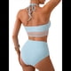 thumbnail image 3 of Trajes de Baño de Dos Piezas con Control de Abdomen y Tirantes de Color Block para Playa y Verano. Azul Hielo XL, 3 of 7