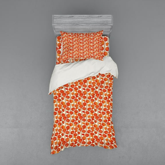 Ambesonne Floral Bedding Set 3 Pcs, Poppies Retro Spring, Twin, Orange and Ivory