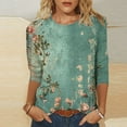 thumbnail image 2 of 3/4 Length Sleeve Womens Tops Round Neck 2025 Vintage Floral Print Trendy Fall Casual Loose Blouse Plus Size T-Shirts Tops,Green 2,2XL, 2 of 5