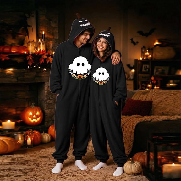 Couples Halloween Jumpsuit Pajamas, Matching One Piece Sleepwear Costume with Cozy Loungewear Design for Men and Women