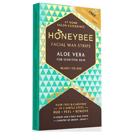 Honeybee Aloe Vera Facial Wax Strips | Waxing Strips for Women | Upper Lips, Chin, Fingers & Toes Hair Removal | For Sensitive Skin | 12 Strips, 2 After Care Wipes Free