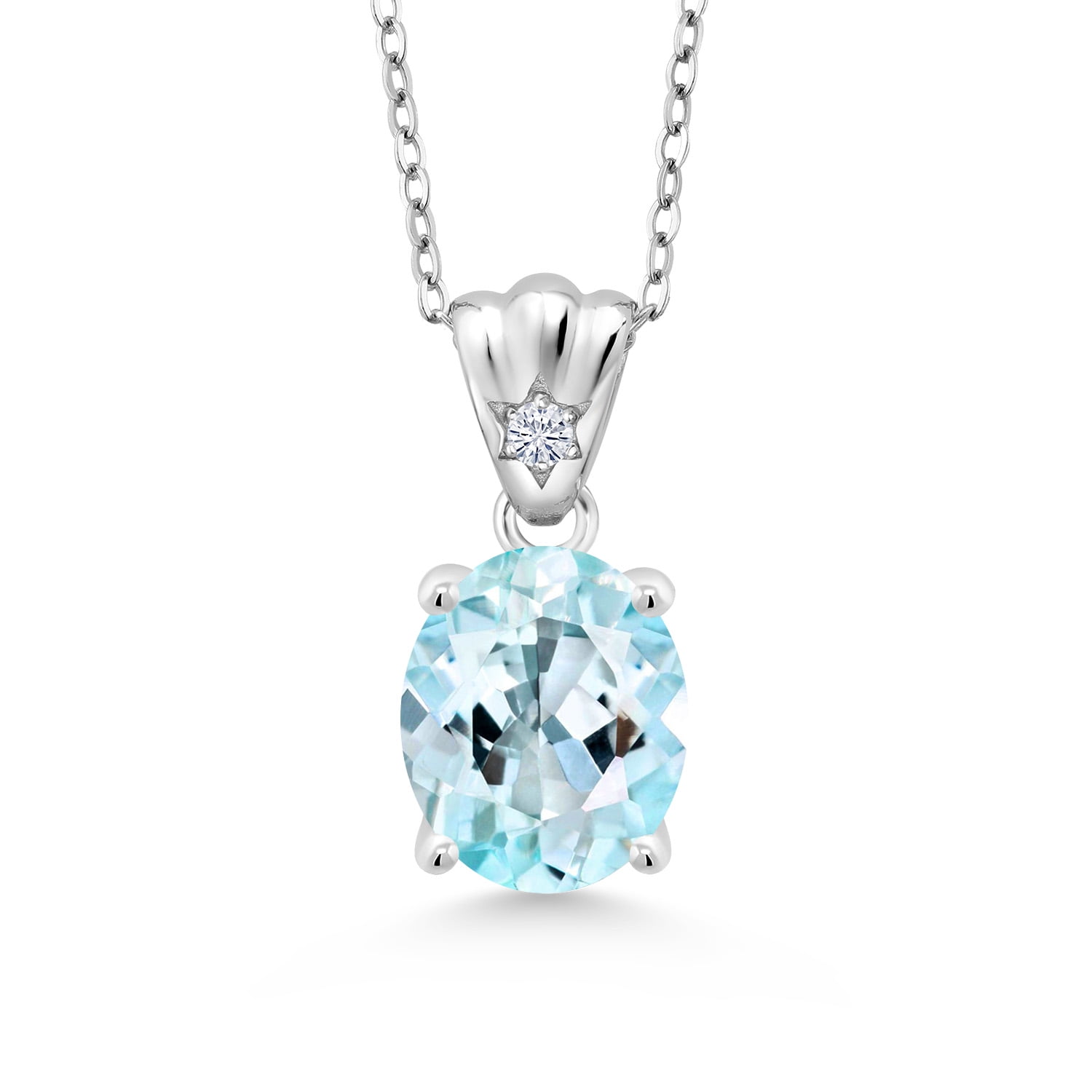 Gem Stone King 4.54 Ct Oval Sky Blue Topaz E-F Lab Grown Diamond 925 Sterling Silver Pendant