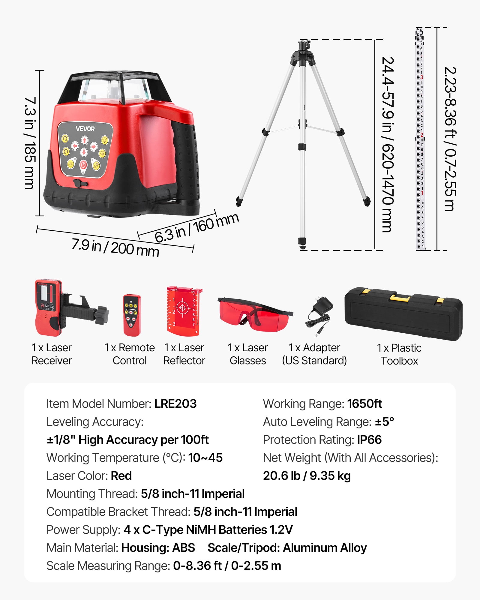 VEVOR Rotary Laser Level Kit, 1650ft 360-Degree Self Leveling Red Horizontal Laser Transit,with Tripod,Receiver,Remote Control,Scale,Toolcase,IP66 Waterproof,0.80in/100ft Precision for Construction