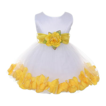 Baby Girls Ivory Yellow Floral Petals Organza Sash Flower Girl Dress