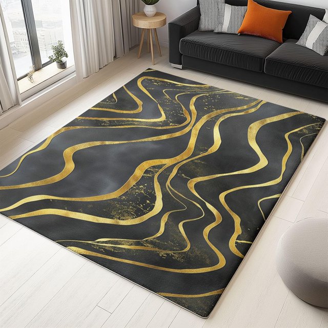 Washable Area Rug 7 X 8 ft for Bedroom, Simple Luxury Stripes Soft Non Slip Carpet, Gray Gold Stain Resistant Non-Shedding Rugs for Dining Room Kids Playroom Office Decor