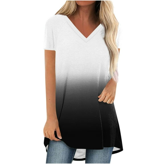 Uaswgudfs Women's Plus Size Dressy Casual V-Neck Blouse Tops - Short Sleeve Loose Fit T-Shirt Style Solid Color Tunic Top