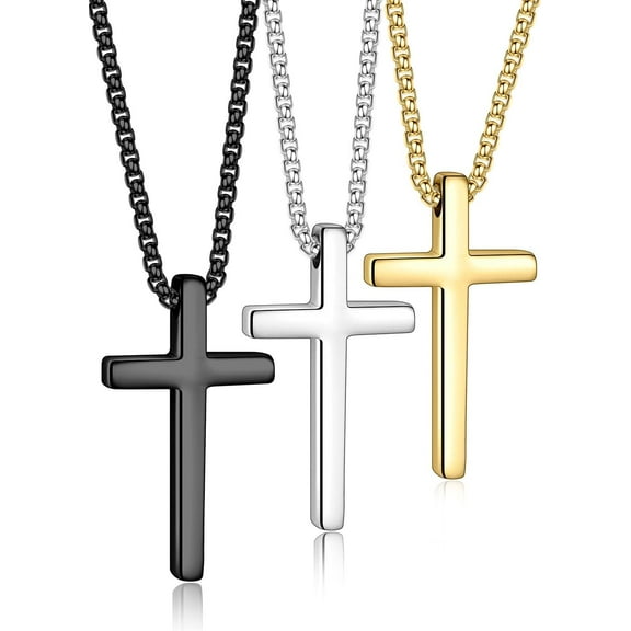 3 Pcs Cross Necklace for Men, Silver Black Gold Plated Cross Chain Necklace, Stainless Steel Cross Pendant Jewelry Gifts for Men 16-24 Inches