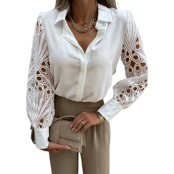 SAYOO Mujer Casual Botón Abajo Camisas sólidas Blusa con cuello en V Manga larga Recorte Camisa de verano sólida Blusa de verano Ropa de calle Outwear Camisas de trabajo formales informales SAYOO Moda