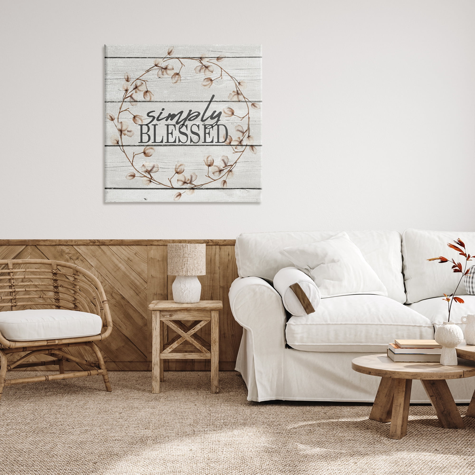 Stupell Industries Simply Blessed Rustic Wreath Botanical & Floral Painting Gallery Wrapped Canvas Art Print Wall Art, 36 x 36