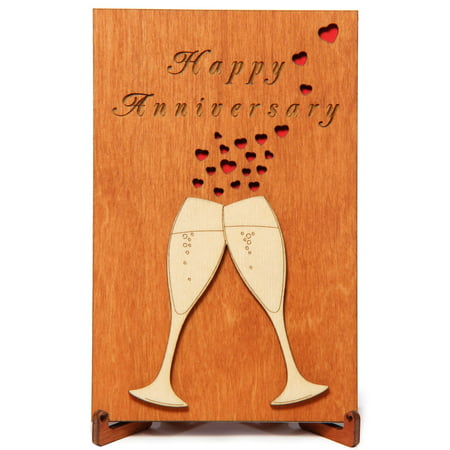 Happy Anniversary Real Wood Greeting Card with Stand best Handmade Wooden Wedding Anniversary Gift cute Present for Husband Him Men Dad Boyfriend or Wife Her Women Mom Girlfriend and Parents or (Best Wishes For Parents Wedding Anniversary)