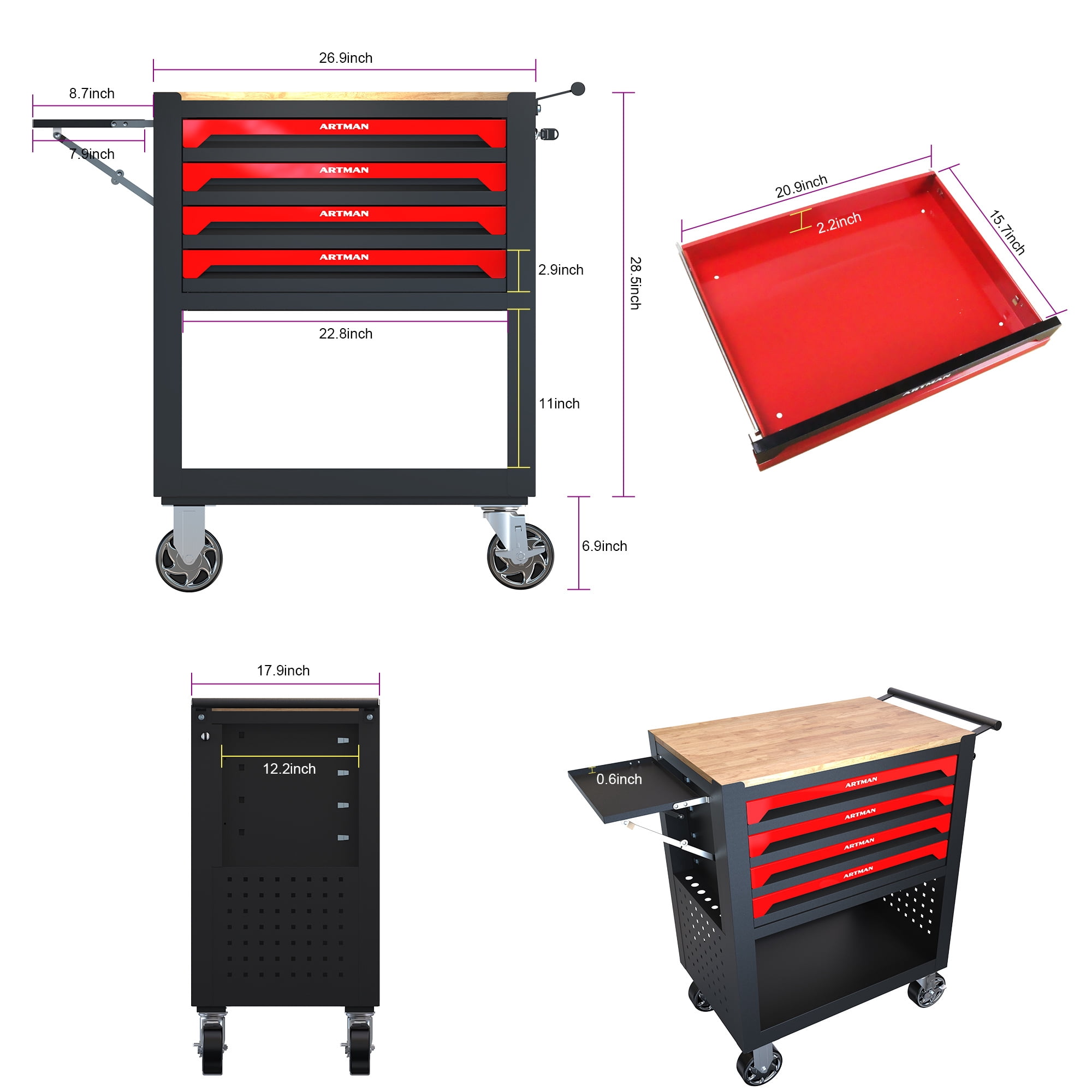 Aukfa 30 inch Mechanic's Tool Cart, 700 LB Capacity 4-Drawer Tool Chest on Wheels for Garage, Red